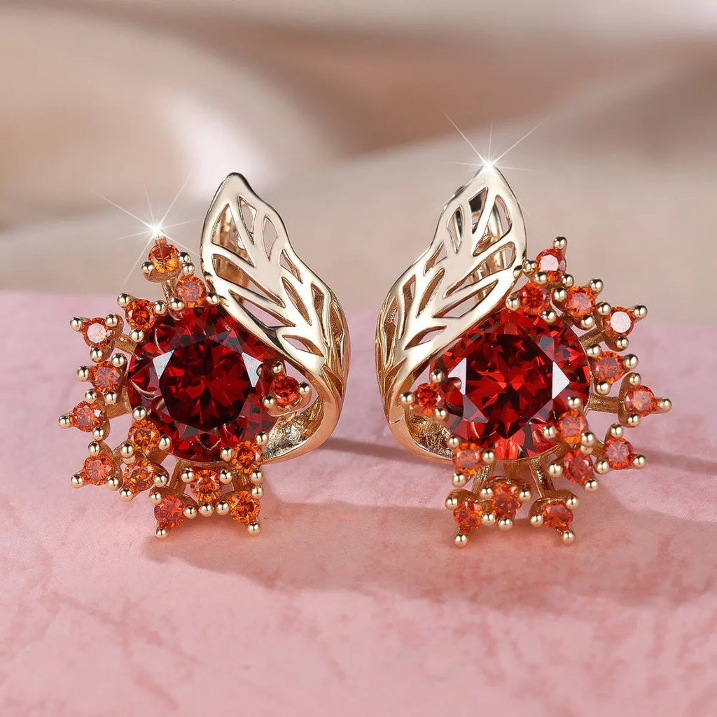 Round flowers feather design rose gold zircon earrings with coloured stone centre options