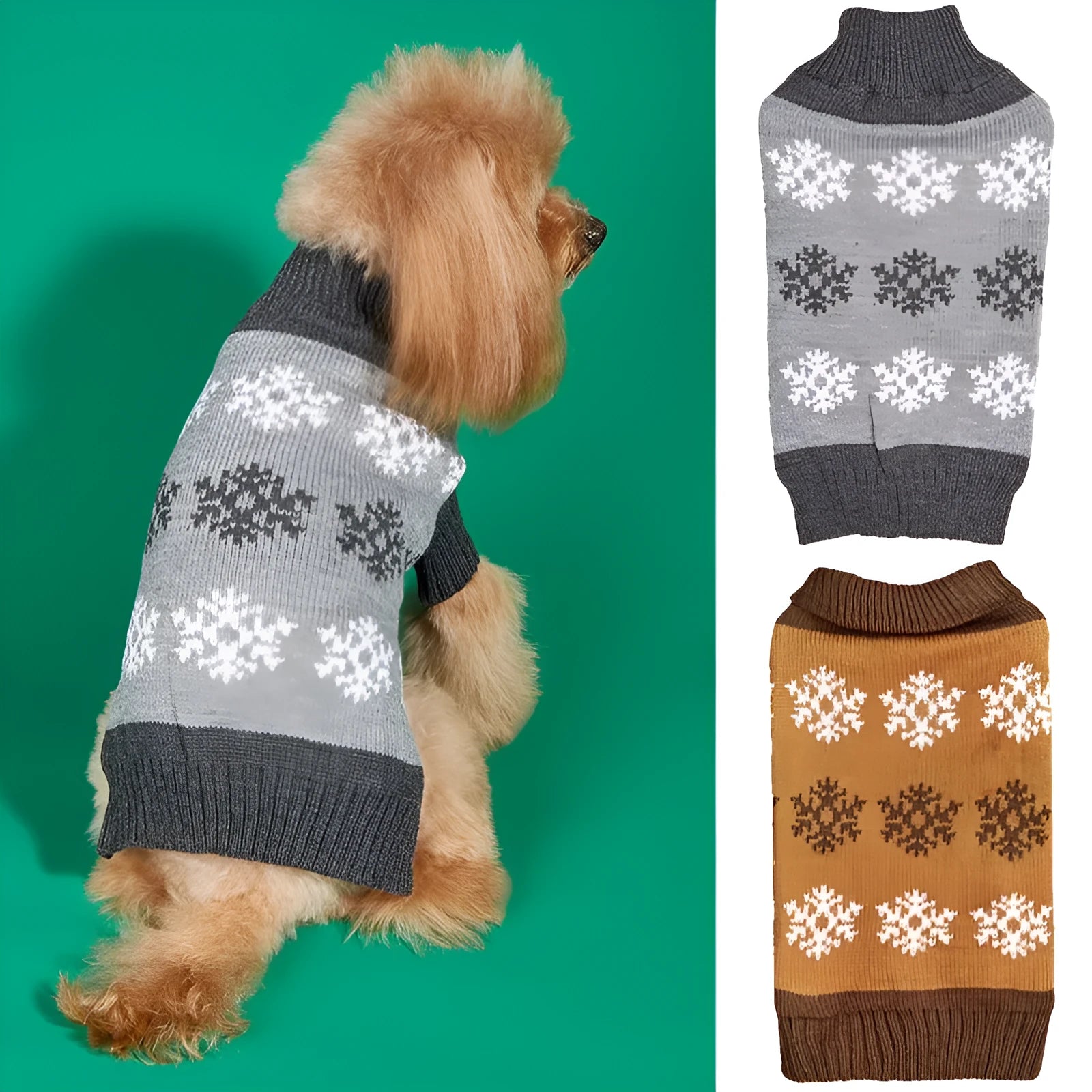 Dark brown and grey dog Christmas sweater with snowflake pattern, acrylic knit construction