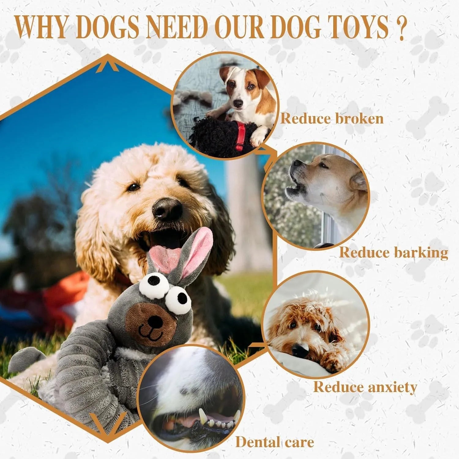 Plush stuffed squeaky dog toys with crinkle sounds in brown grey yellow colours