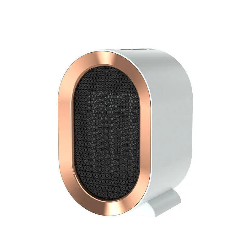 Desktop electric heater with cast metal housing and rotating air outlet in various colour options
