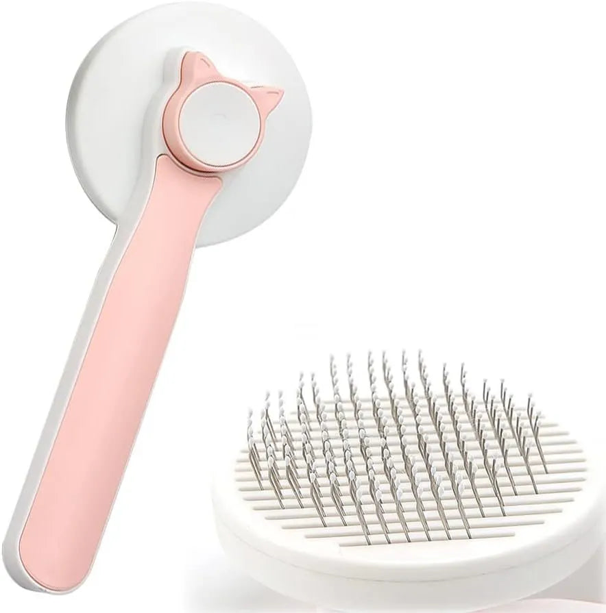 Blue self-cleaning cat brush with rubber-tipped needles and ergonomic handle for pet grooming