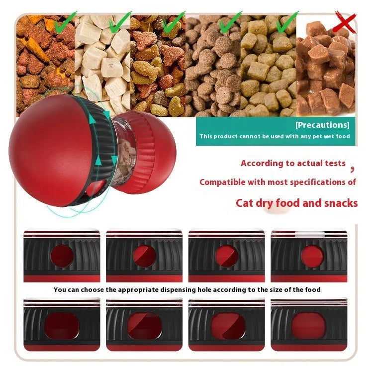 Rotating plastic cat toy with food dropping ball and sound effects for interactive pet play