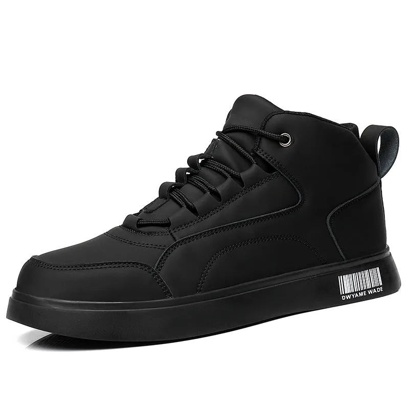 Men's white mid-top lace-up casual trainers with round toe and rubber sole.