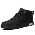 Men's white mid-top lace-up casual trainers with round toe and rubber sole.