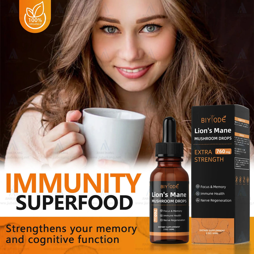 Organic Lions Mane Mushroom Extract Drops in a glass bottle with dropper, two flavour options