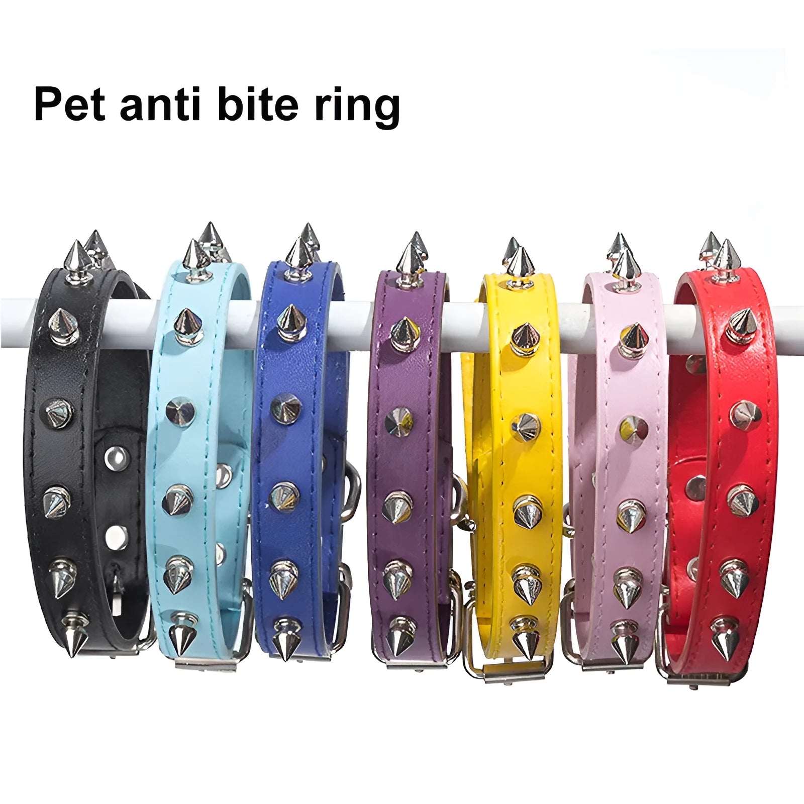 Studded dog collar in black PU leather with metal spikes and alloy buckle.