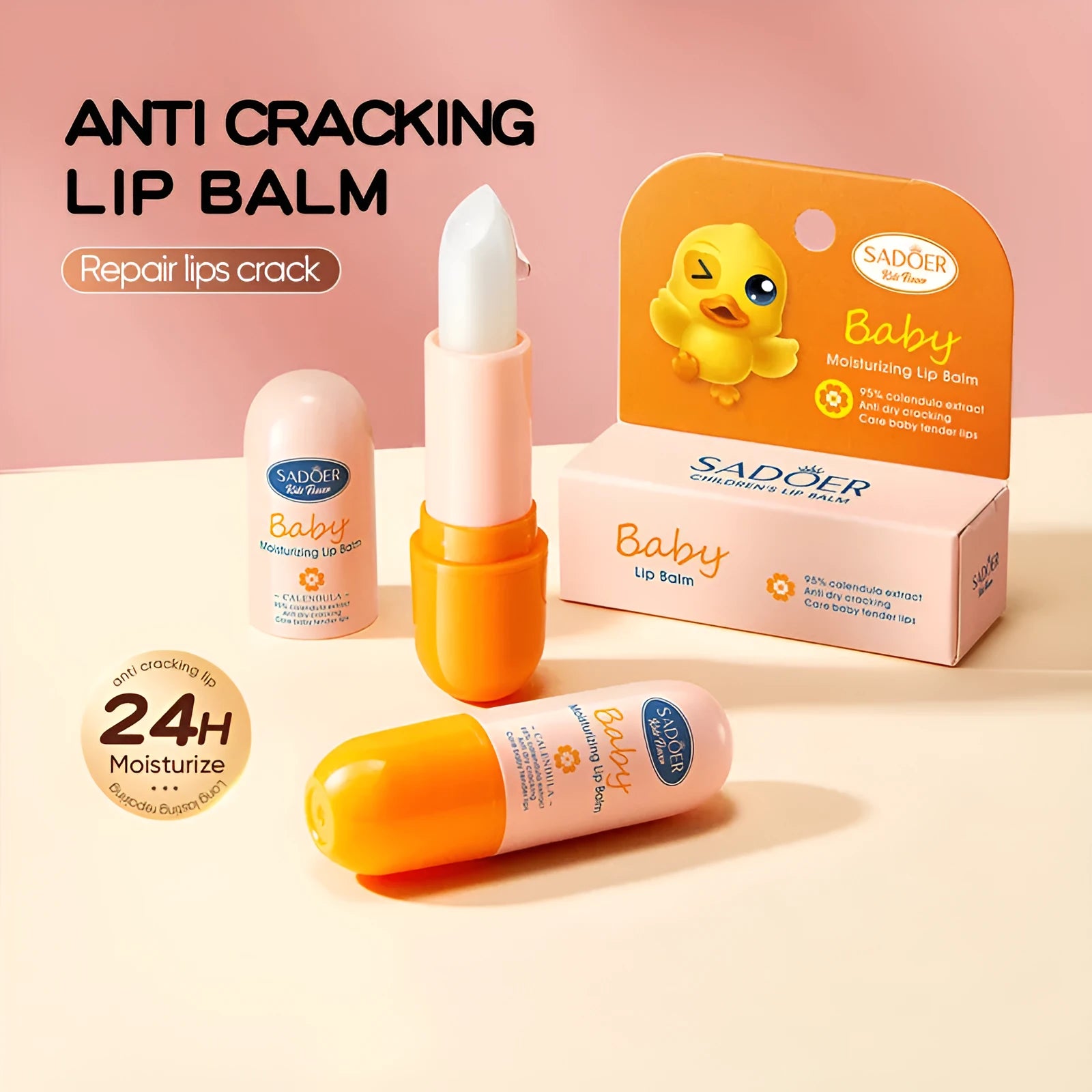Anti-chapped moisturising lipstick stick in variant options including marigold, avocado, and cherry blossom.