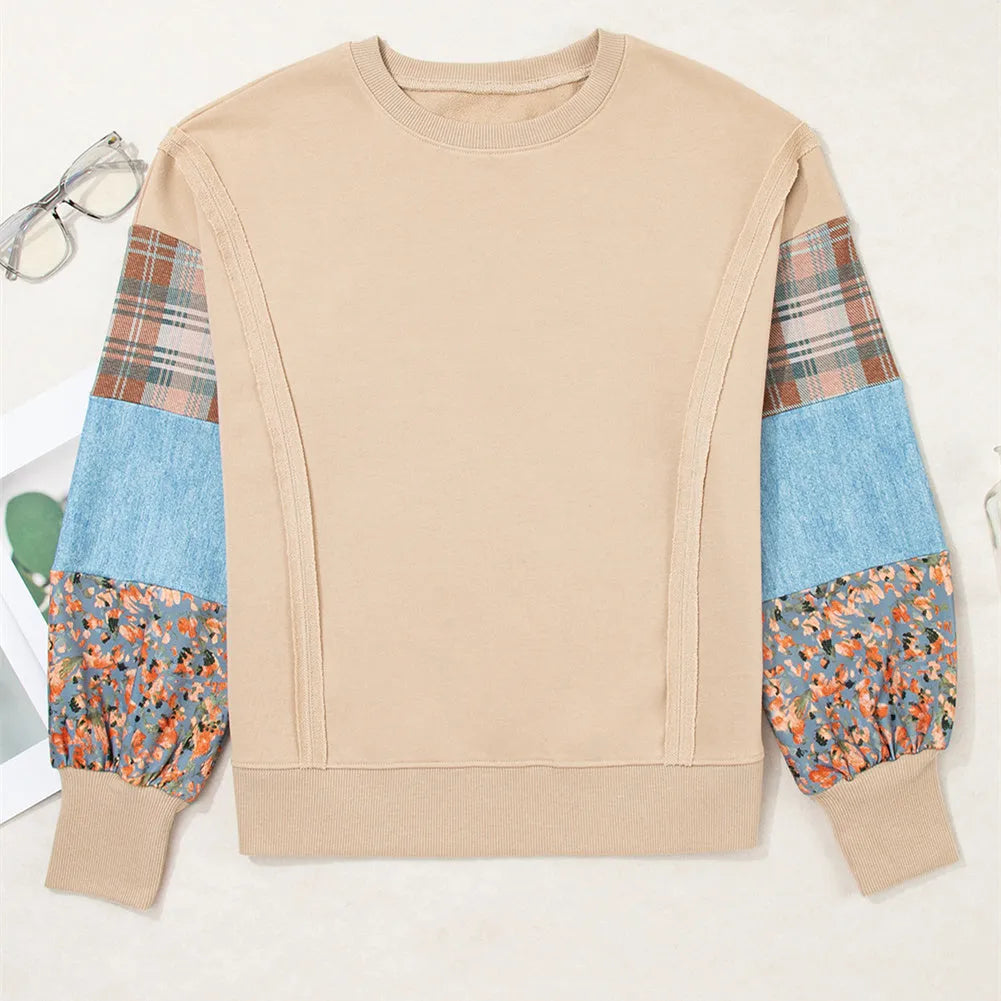 Women's loose plaid stitch long sleeve casual top in apricot colour