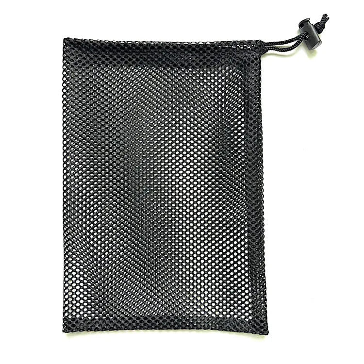 Black mesh drawstring storage bag with open bottom for toy organisation