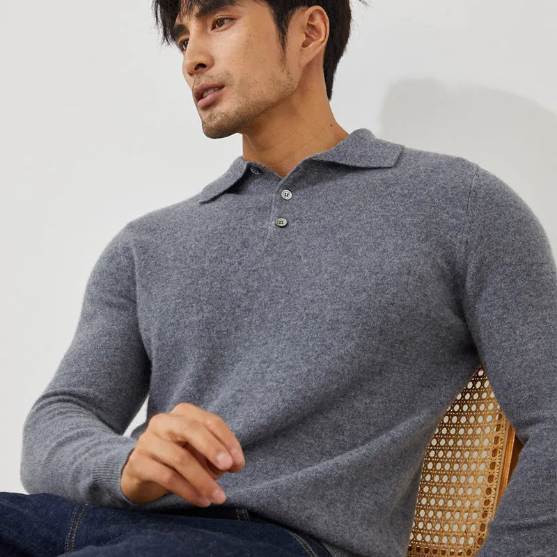 Men's sapphire blue cashmere pullover sweater with a polo collar in a loose fit.