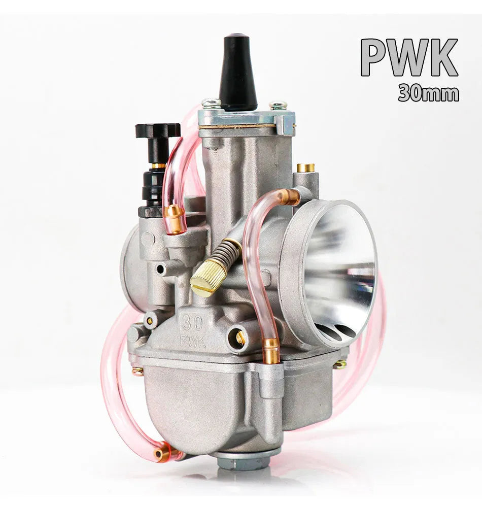 PWK sandblasted motorcycle carburetor for performance modification, showing seven size options from 21mm to 34mm.