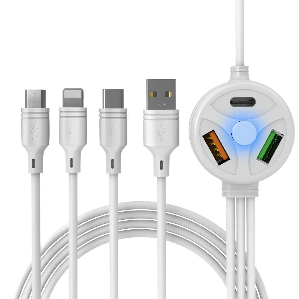 3U interface mobile charging cable with USB, Micro USB and TYPE-C connectors, 1.2 metres long