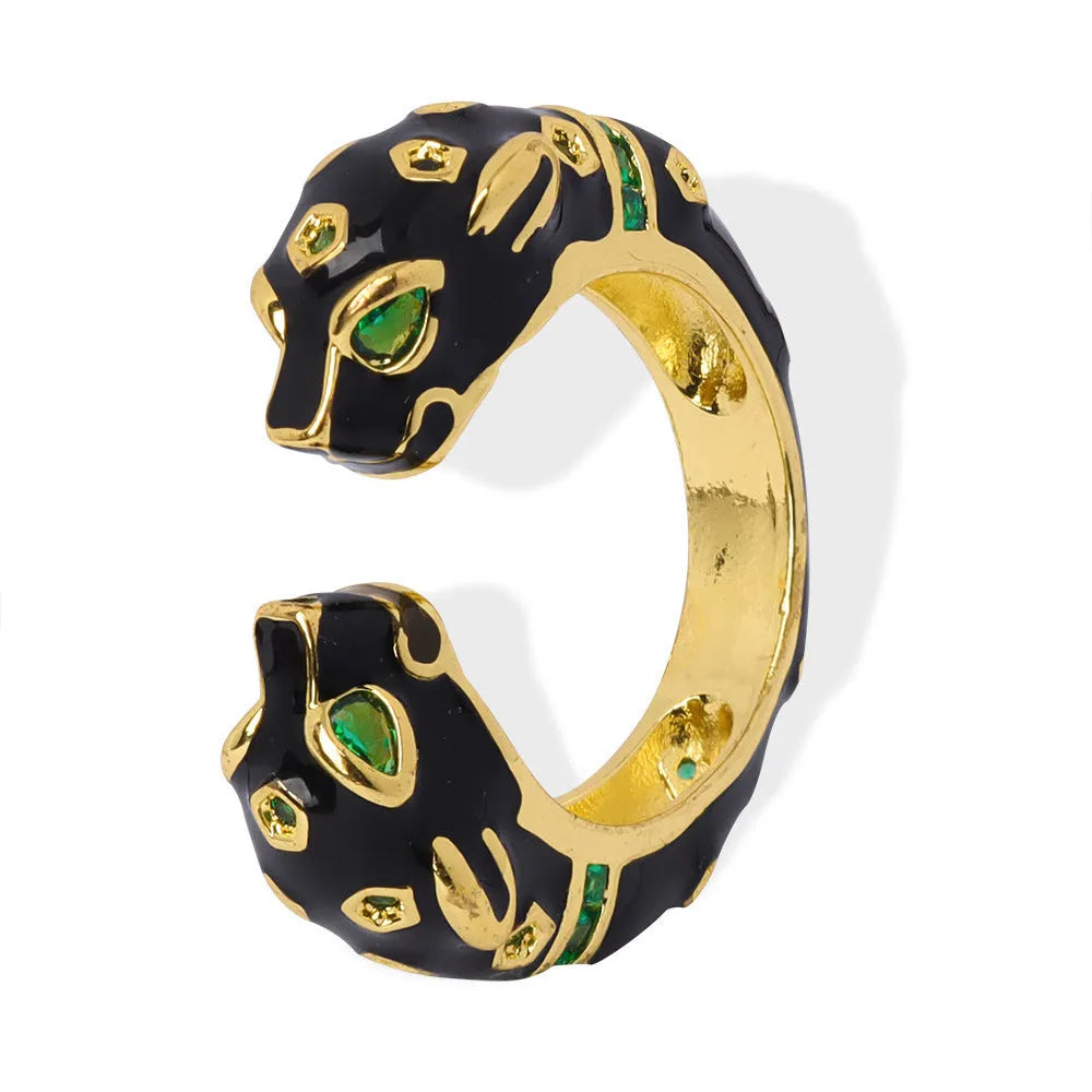 Black cheetah pattern geometric open copper ring for women size no. 7