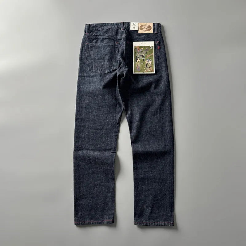 Men's primary colour straight leg jeans with vintage American retro styling and mid waist design