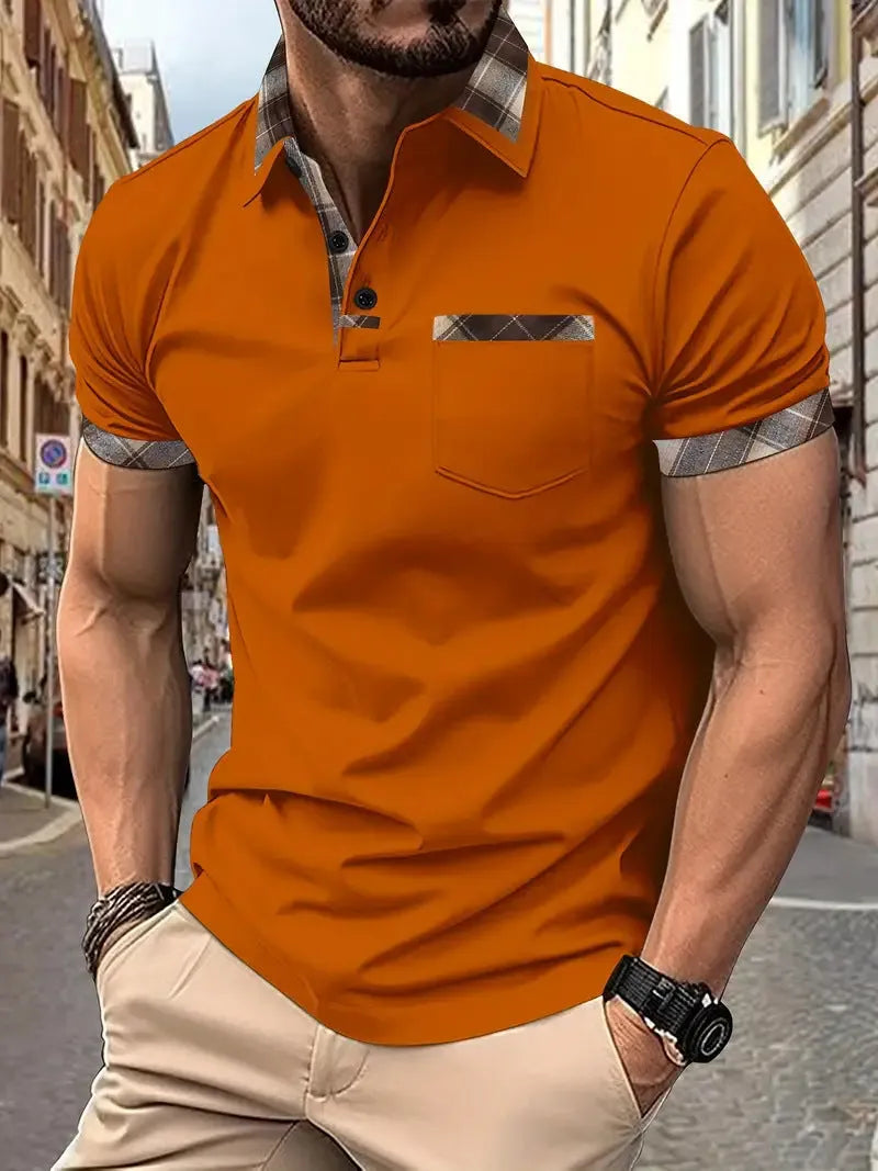 Men's loose fit plaid colourblock short sleeve T-shirt on a white background