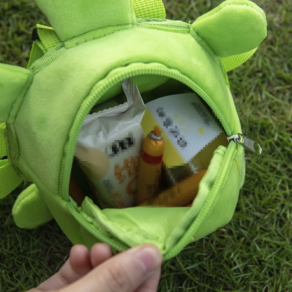 Cartoon turtle shape dog backpack with harness vest in velvet material showing 20x18cm capacity