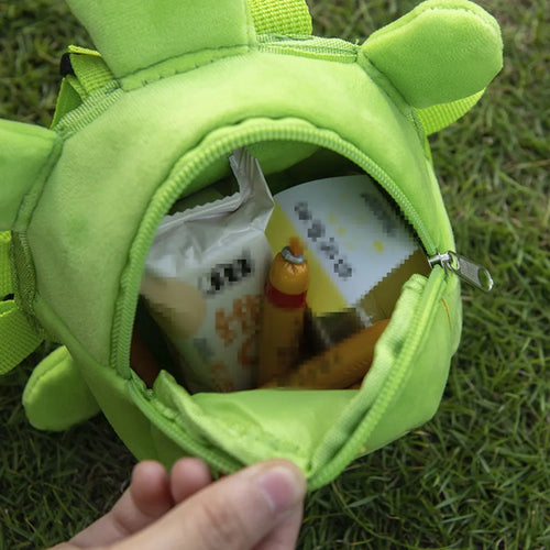 Cartoon turtle shape dog backpack with harness vest in velvet material showing 20x18cm capacity