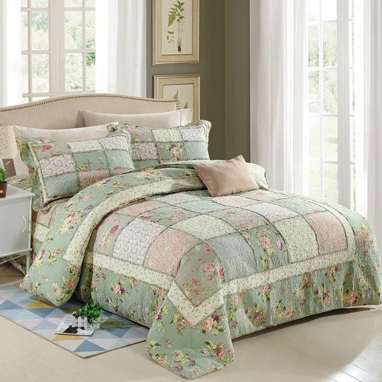 Washed pure cotton quilted bedspread and pillowcase set in a Korean style, showing textured non-slip surface.