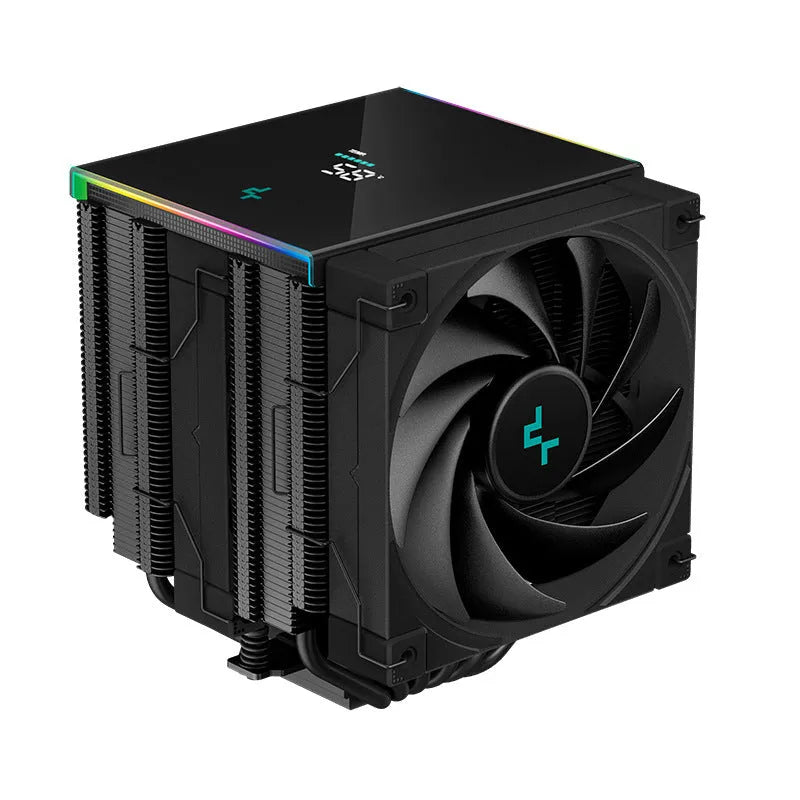 Black and white tower CPU air cooler with heat sink fins and digital display for PC computer case.