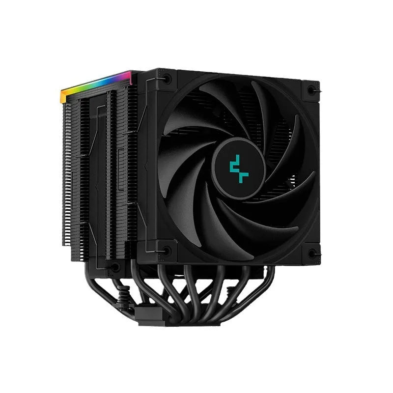 Black and white tower CPU air cooler with heat sink fins and digital display for PC computer case.