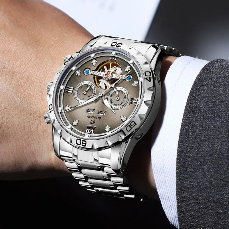 Men's automatic mechanical watch with stainless steel band and mineral glass crystal in silver case blue surface