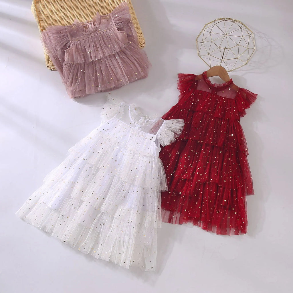 Girls' sleeveless fairy princess dress with star sequins and cake pattern, available in pink, blue, wine red, white, black and polka dot flounced sleeve, sizes 80-160cm