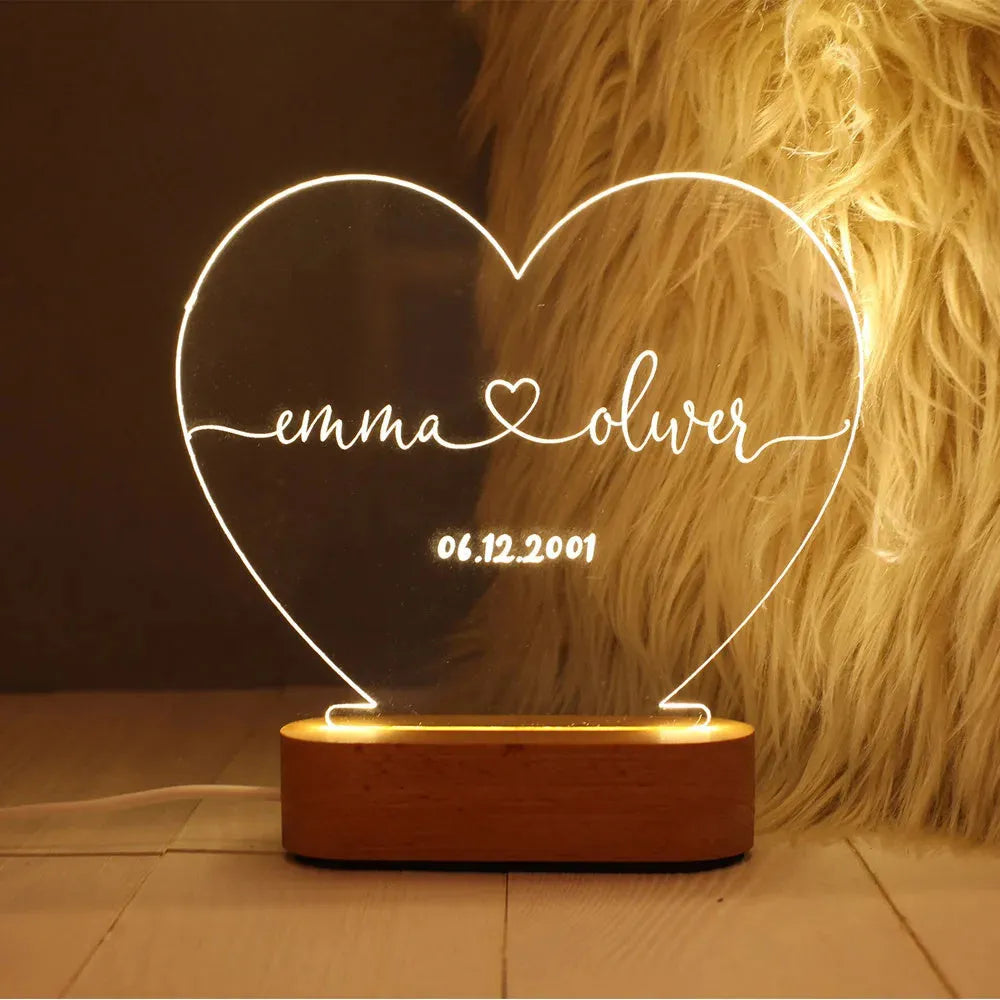 Personalised acrylic LED night light with custom names and date engraving