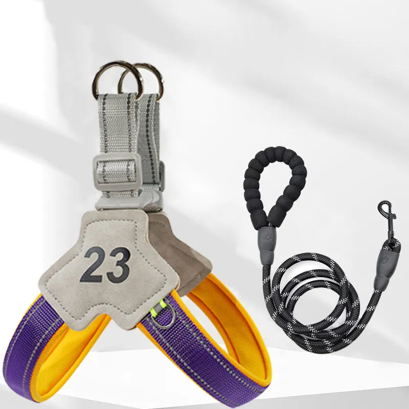Adjustable soft buckle reflective chest harness for small medium dogs in blue with traction rope