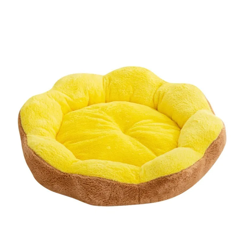 A thick rabbit plush round nest cat bed in a brown gray colour, shown with a detachable section.