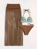 Women's brown, rose pink, and black bikini set with fishnet long skirt, three-piece swimwear