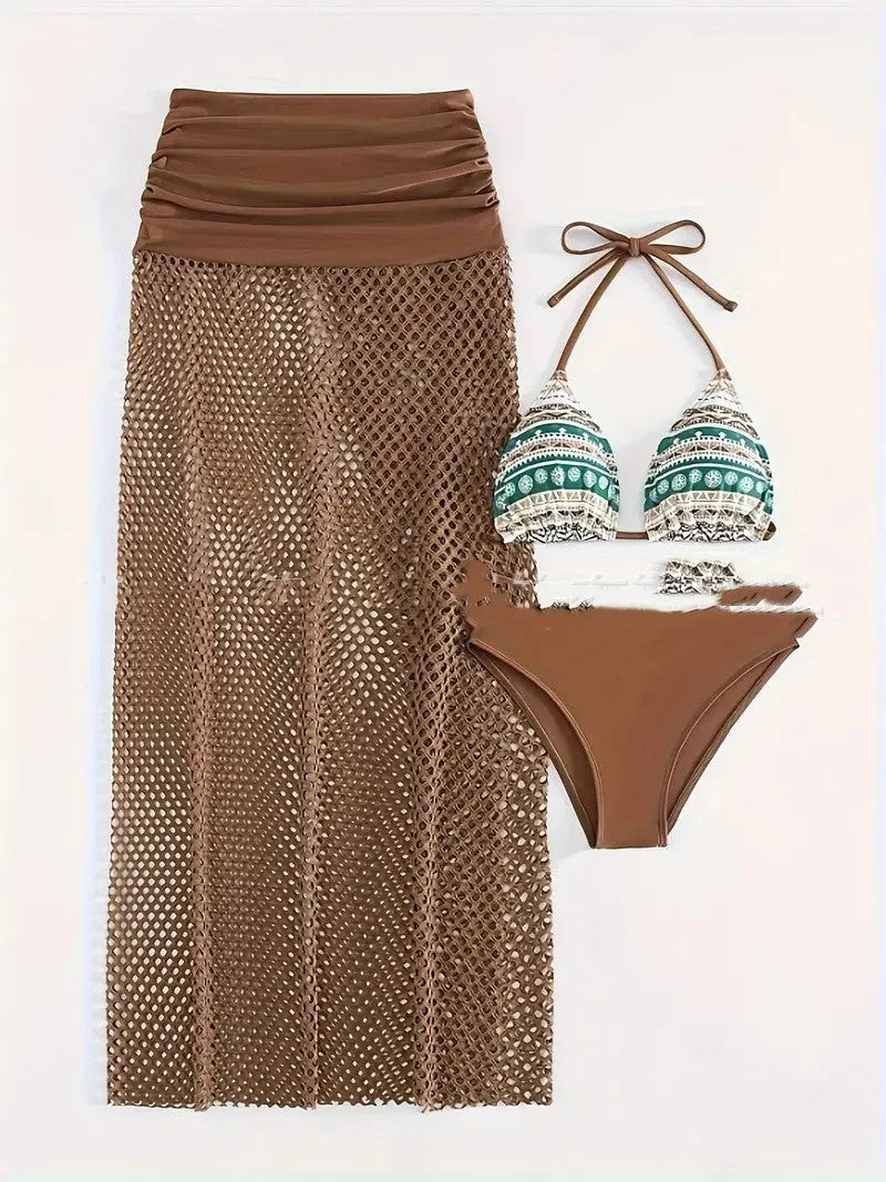 Women's brown, rose pink, and black bikini set with fishnet long skirt, three-piece swimwear
