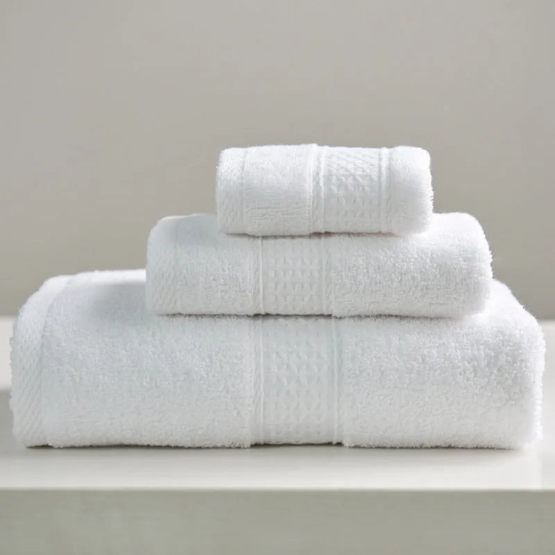3-piece pure cotton towel set with square, hand, and bath towel in assorted colours