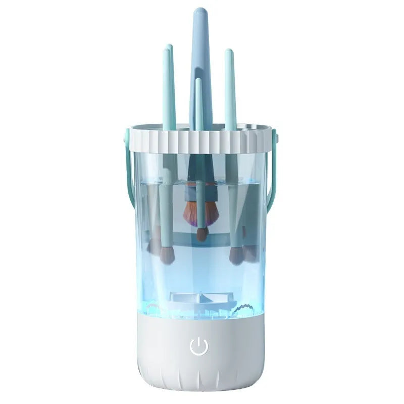 White rechargeable electric makeup brush cleaner with plastic construction and charging cable