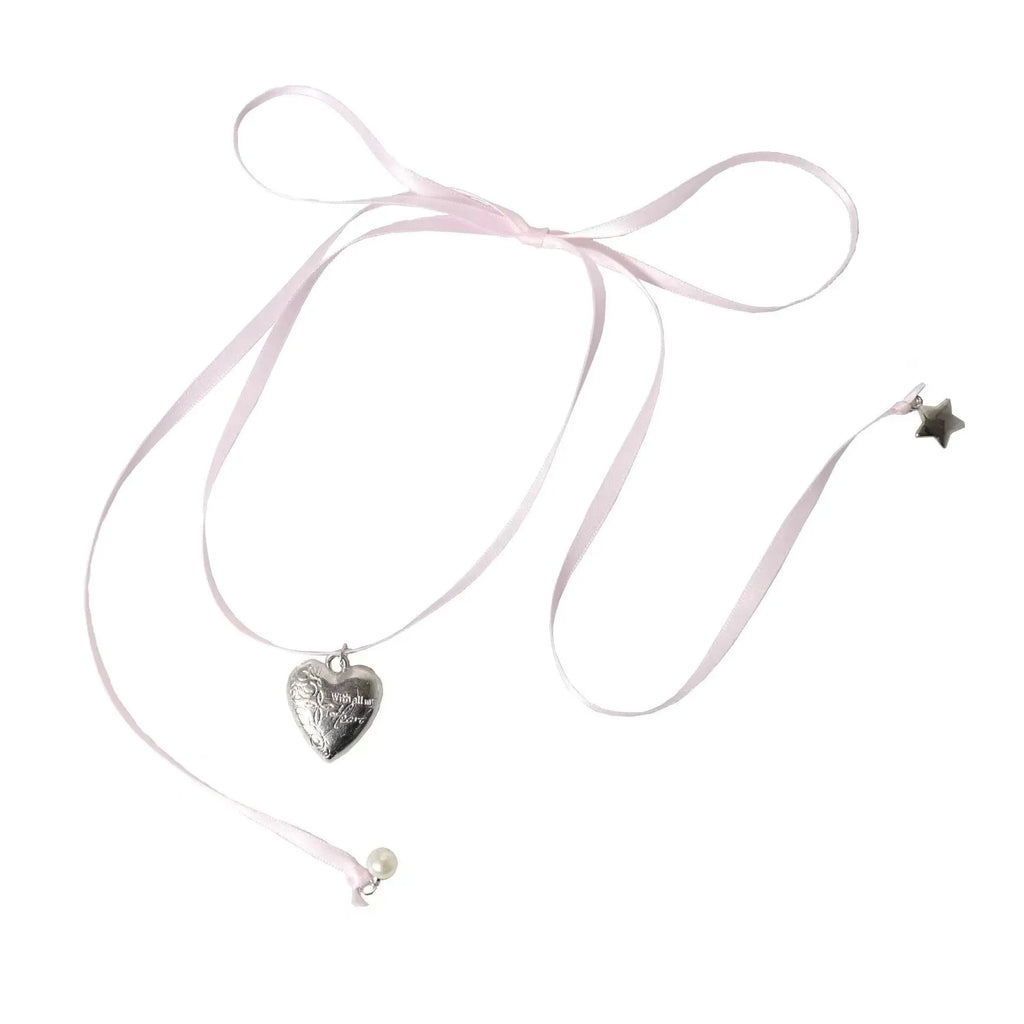 Women's love pendant necklace with ribbon detailing on alloy clavicle chain