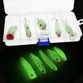 Five 3D fluorescent hard bait fishing lures in mixed colours showing fish-shaped design and treble hooks