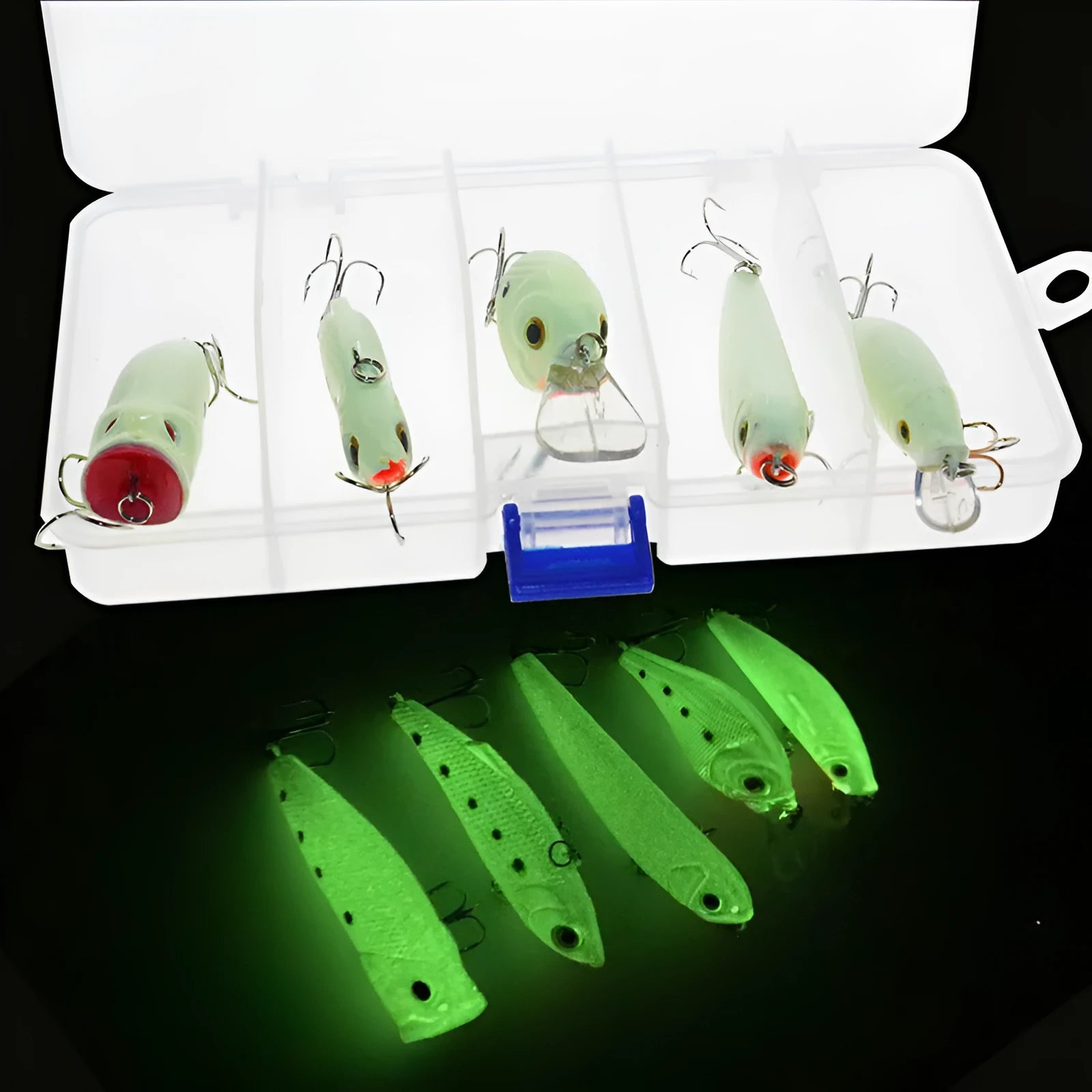 Five 3D fluorescent hard bait fishing lures in mixed colours showing fish-shaped design and treble hooks
