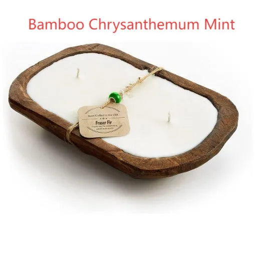 Retro-style wooden basin containing a Lavender soy wax aromatherapy candle with three visible wicks.