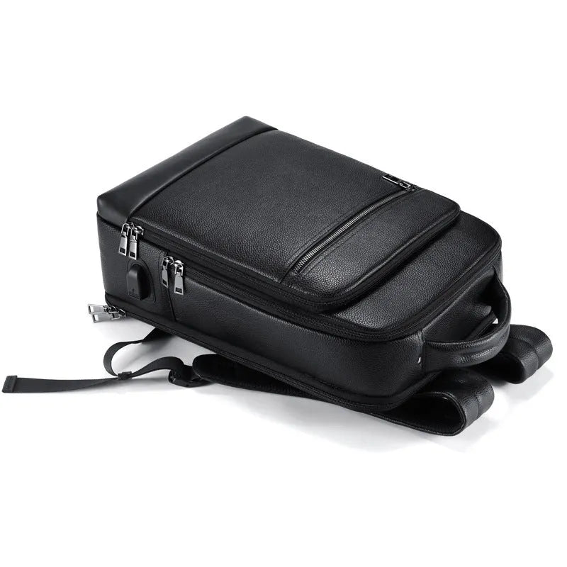Black leather men's business computer backpack with curved shoulder straps and professional styling