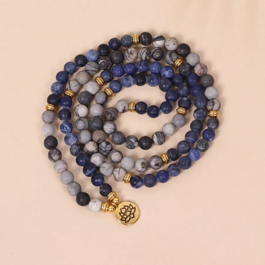 Blue patterned network stone beads on multi-layer alloy bracelet with fresh sweet style