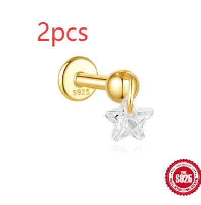 S925 sterling silver geometric moon and star earrings with cubic zirconia stones in a gold tone finish.