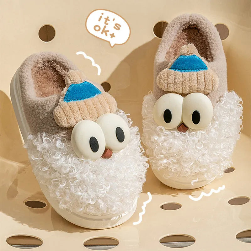 Cartoon bearded Santa Claus plush slippers with non-slip TPR sole in blue colour