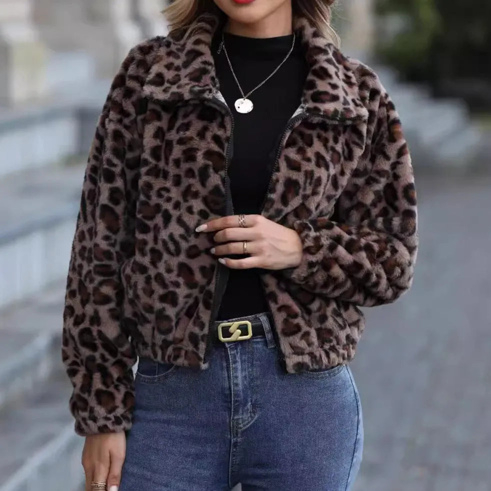 Women's loose fit leopard print plush coat with zip front and raglan sleeves