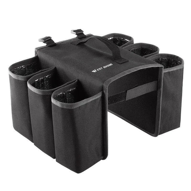Double-sided black bicycle beverage bag mounted on bike frame showing 2 litre capacity