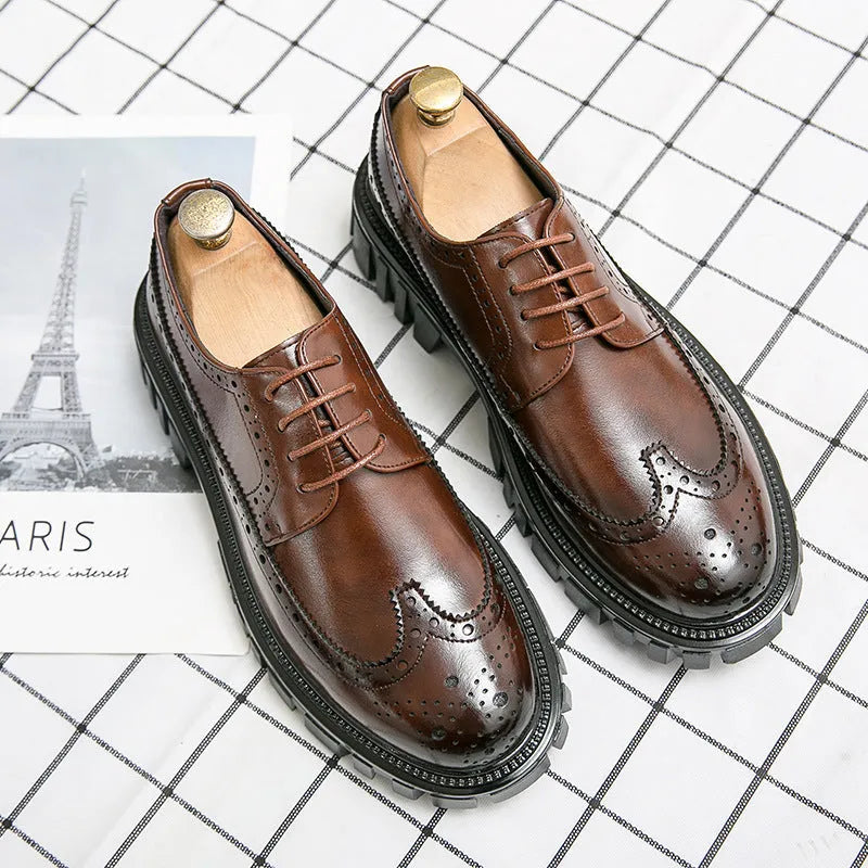 Men's black and brown business brogue shoes with round toe and artificial PU upper