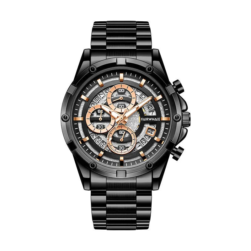 Men's waterproof luminous quartz watch with steel strap in black and blue colour variant