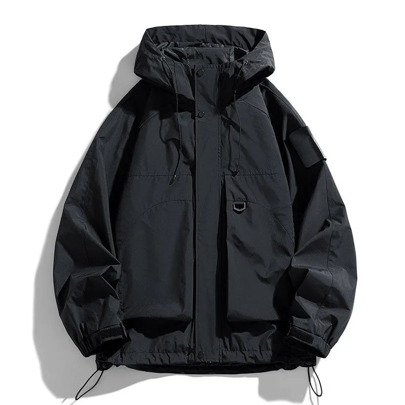 Men's black hooded windproof waterproof jacket, long sleeve regular length coat.