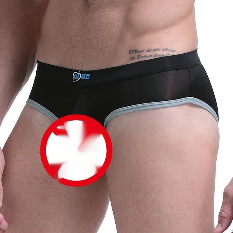 Men's ice silk bazooka briefs in multiple colours showing quick-drying fabric and bullet separation design