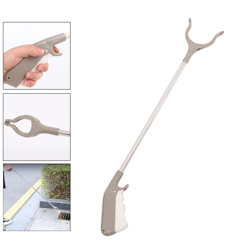 Stainless steel garbage picker with 40cm length and push-handle design for one-handed operation