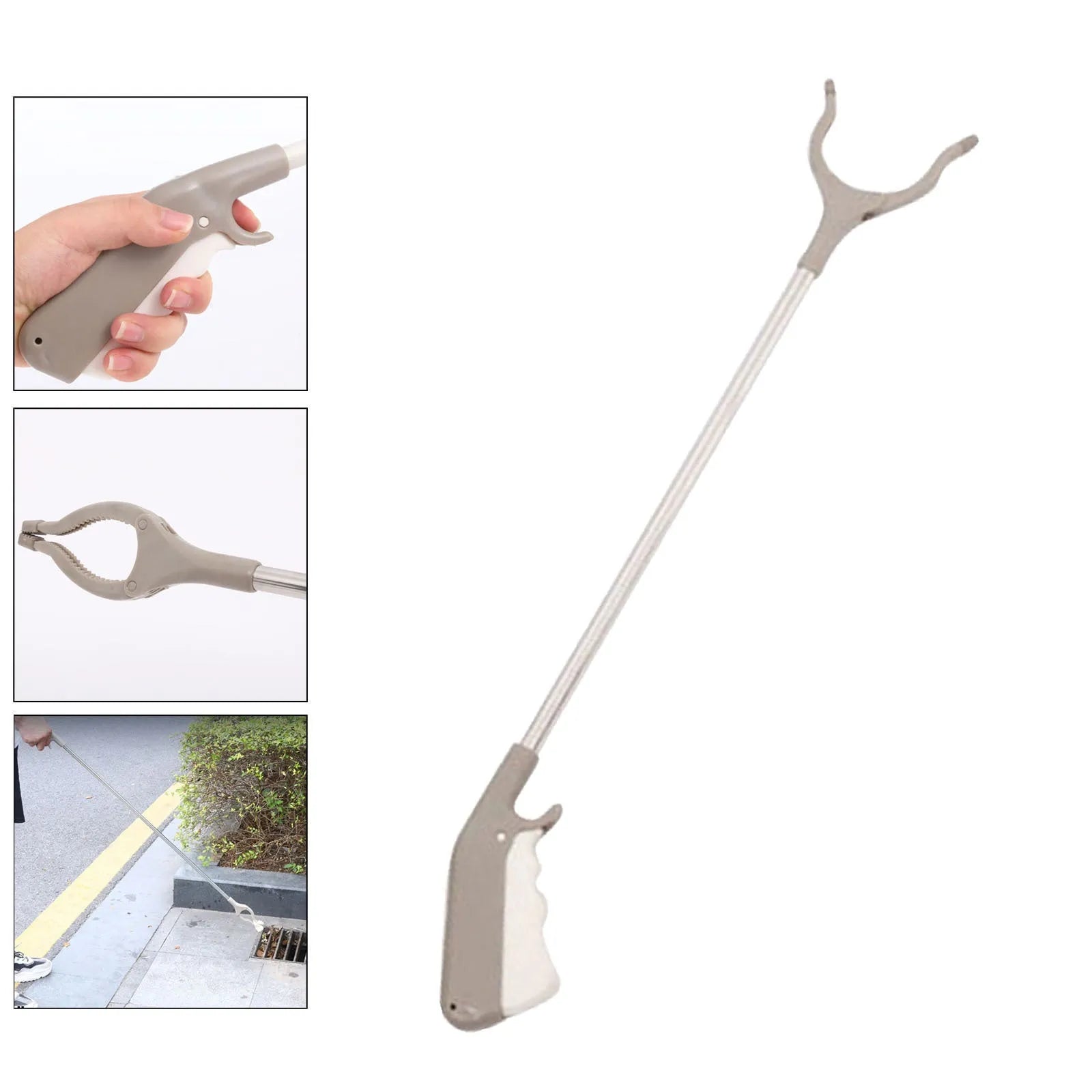 Stainless steel garbage picker with 40cm length and push-handle design for one-handed operation