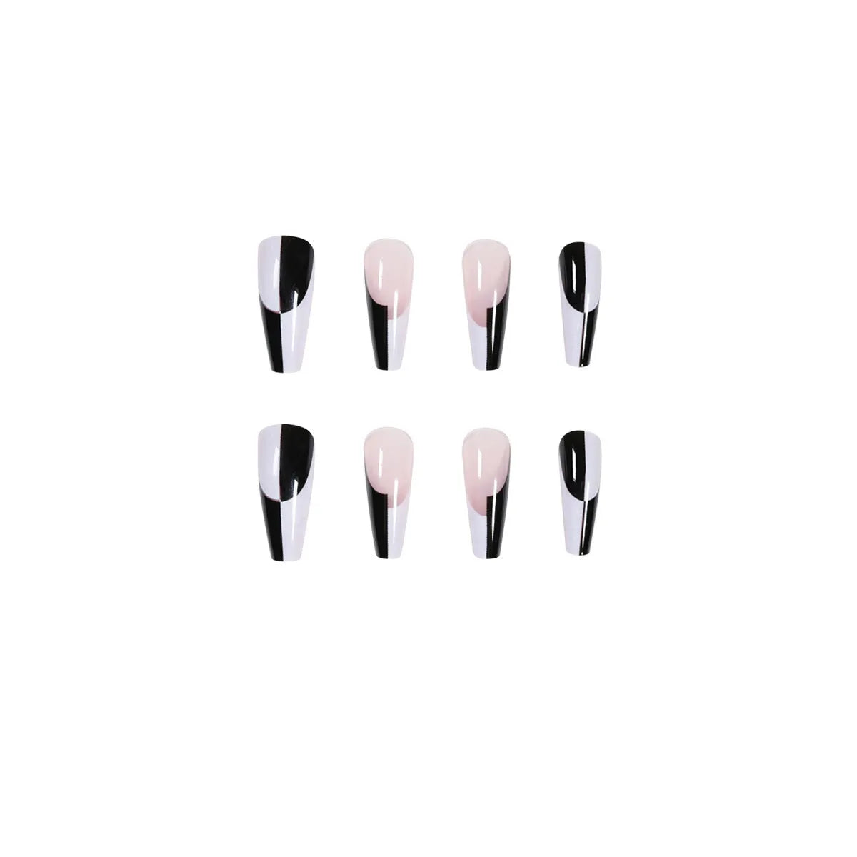 24 long removable nail tips in simple black and white colour matching design JP1199 on a white background